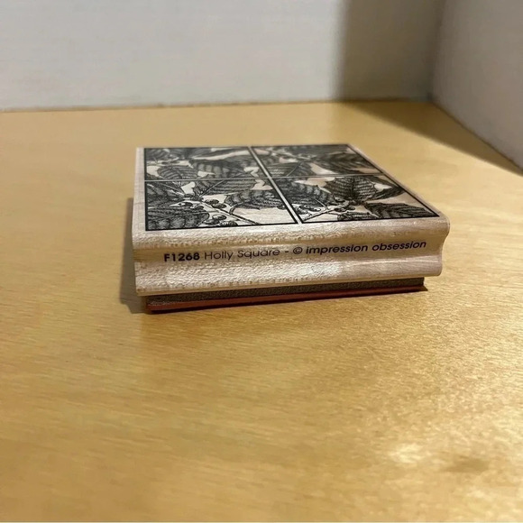 Impression Obsession Holly Square rubber stamp Christmas wood F1268 - Picture 2 of 6